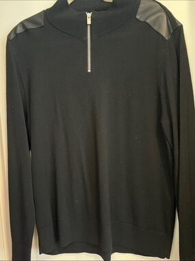 The Kooples Black Half-Zip Sweater with Faux-Leather Shoulder Panels